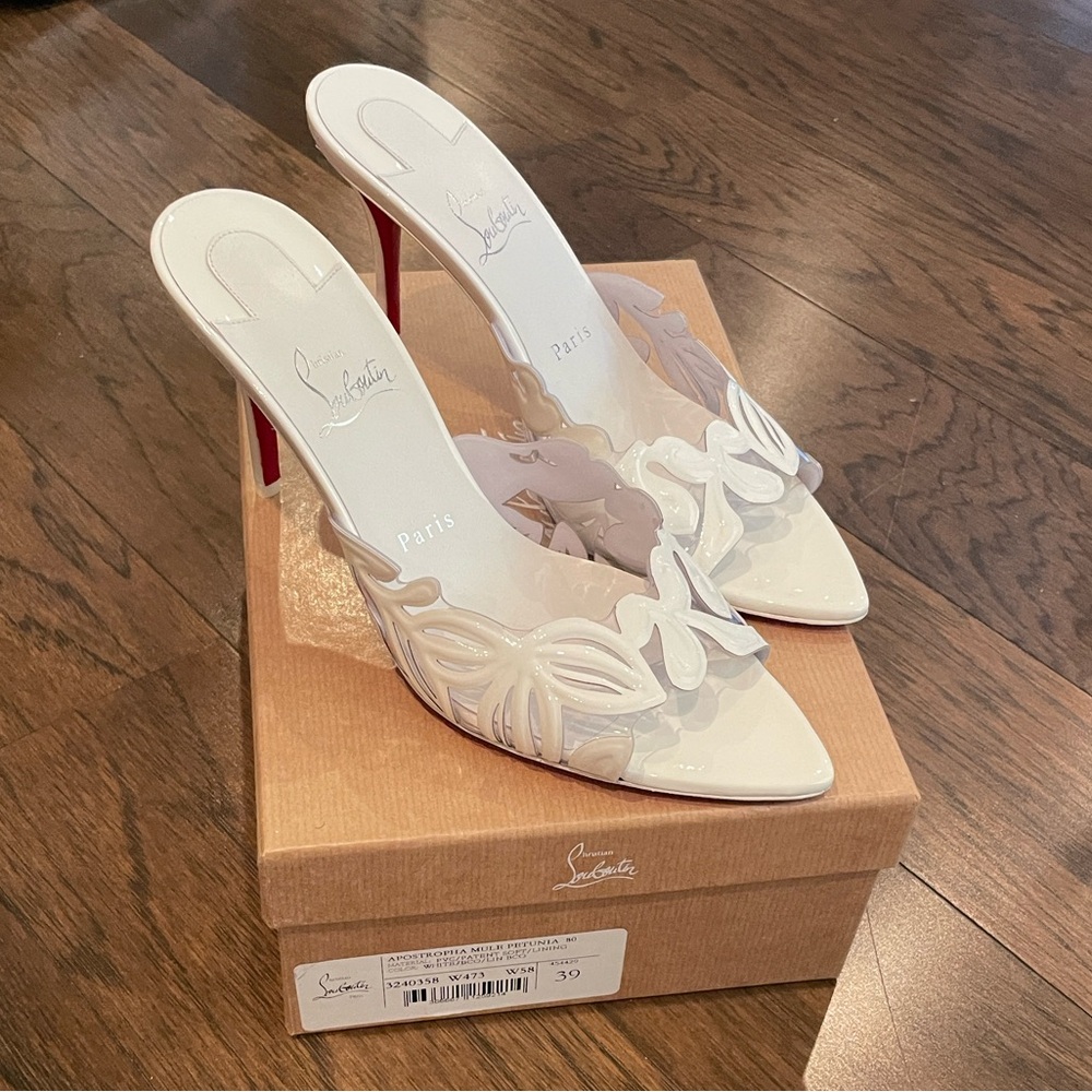 Christian Louboutin Apostropha 80mm White Patent Leather/PVC mules Sz. 39 BNIB